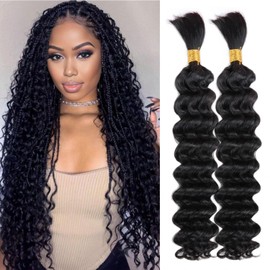Lashey Human Hair Bulk Deep Wave for Braiding 100% Unprocessed Human Hair Bulk No Weft Hair Extensions For Boho Braids Knotless Braid Natural Black 100g /Pack 2 Bundles 26 Inch
