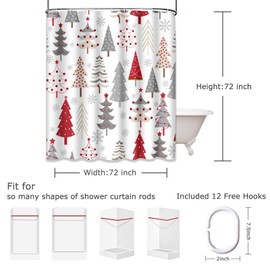Bayson Christmas Shower Curtain, Gray Red Christmas Tree and Snowflakes Bath Curtain Waterproof Polyester Fabric 72 x 72 Inches Set with Hooks
