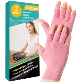 Cedcoe 2 Pairs Arthritis Gloves Fingerless Compression Gloves for Relieve Hand Pain, Rheumatoid, Osteoarthritis, Tendonitis, Carpal Tunnel for Women and Men to Daily Work (Pink, Large)