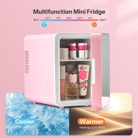 Yabano 6L Smart Skincare Fridge with Dimmable LED Mirror - Dual Mode Cooler & Warmer - Portable Mini Fridge for Cosmetics, Drinks & Snacks - Elegant Pink