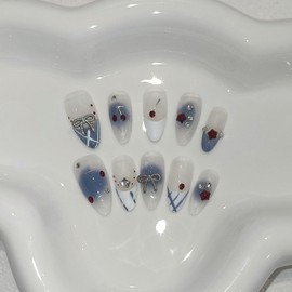 TENPAL Press on Nails 10Pcs with Full Kit - Medium Almond Light Blue White French Fake Nails with Cherry, 3D Charms Bow Rhinestone Summer Nails, Sweet Girls False Nails Cute Design Glue on Nails(L)