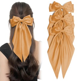 3PCS Orange Bow for Hair Big Hair Bows for Women Silky Satin Ribbon Bow Hair Clips Thanksgiving Barrettes with Long Tail Aesthetic Family Dinners Hair Accessories Gifts for Girls