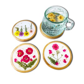 CXUEMH 4 Pcs Wooden Bamboo Coasters Hand Crafted Floral Drink Coasters, Resin Coasters with Colorful Pressed Flowers Cute Coaster Set Flower Cup Mat for Tabletop