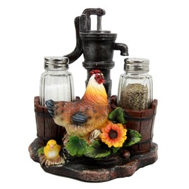 Ebros Country Animal Farm Chicken Hen with Chicks by Irrigation Well Pump Barrels and Sunflowers Salt and Pepper Shakers Holder Figurine As Kitchen Dining Home Decorative Sculpture of Rooster