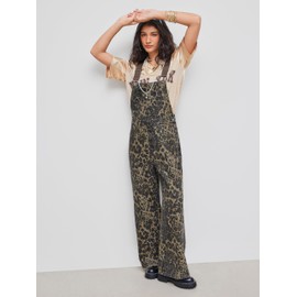 CIDER Overalls for Women Denim Leopard Pocket Buckle Up Wide Leg Jumpsuit: Tan, L