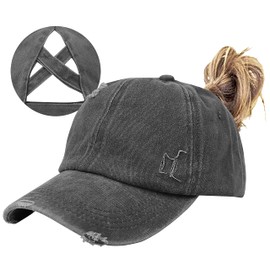 Muryobao Women Ponytail Criss Cross Messy Buns Ponycaps Baseball Cap Adjustable Cotton Distressed Dad Trucker Hat for Outdoor Sports Travel Grey