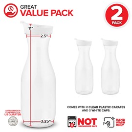 Plastic Juice Carafe with Lids (Set of 4) 32 oz Carafes for Mimosa Bar, Drink Pitcher with Lid, Water Bottle, Milk Container, Clear Beverage Containers for Fridge, Pantry Storage, Round Pitchers
