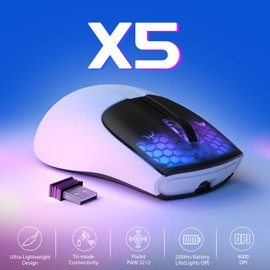 MAGIC-REFINER X5 Wireless Gaming Mouse, 49g Ultralight G502 Tri-mode 2.4Ghz/USB-C Wired/Bluetooth Mouse, PC Gaming Mice PixArt Optical Sensor-Adjustable DPI-Main Click RGB Backlit-Win/MAC, White&Black