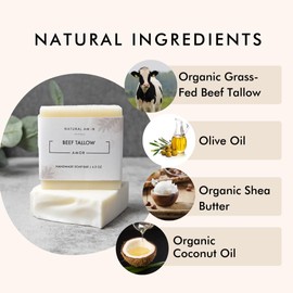 NATURAL AMOR LOS ANGELES Unscented Tallow Soap Bar 2 Pack, Handmade with Organic Grass-Fed Beef Tallow, Shea Butter, Coconut Oil, Natural Soap for Dry or Sensitive Skin Fragrance-Free