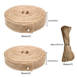4 Rolls Hessian Ribbon Wired Edge 2cm Linen Ribbon Natural Rustic Jute Burlap Ribbon Roll Wide Raffia Ribbon with 20m Jute Twine String for Cakes Flowers Chairs Gift Wrapping DIY Crafts Wedding Party