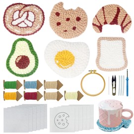 auvnei Punch Needle Kit, 6 Pattern Food Design Easy Punch Needle Kits Adults Beginner, Decoration Coasters Punch Needle Embroidery Kit with Patterns Tools Adhesive Felt Yarns Embroidery Hoop