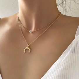 Aneneiceera Boho Layered Crescent Moon Pendant Necklace Gold Small Pearl Pendant Simple Chain Choker Necklaces Fashion Jewellery Adjustable Wedding Accessories Gift for Women and Girls