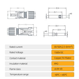Trisinger Solar Panel Cable Connector, IP68 Waterproof, 1500V 70A Tinned Copper Pins, 5 Pairs with 2 Spanners(for 10awg)