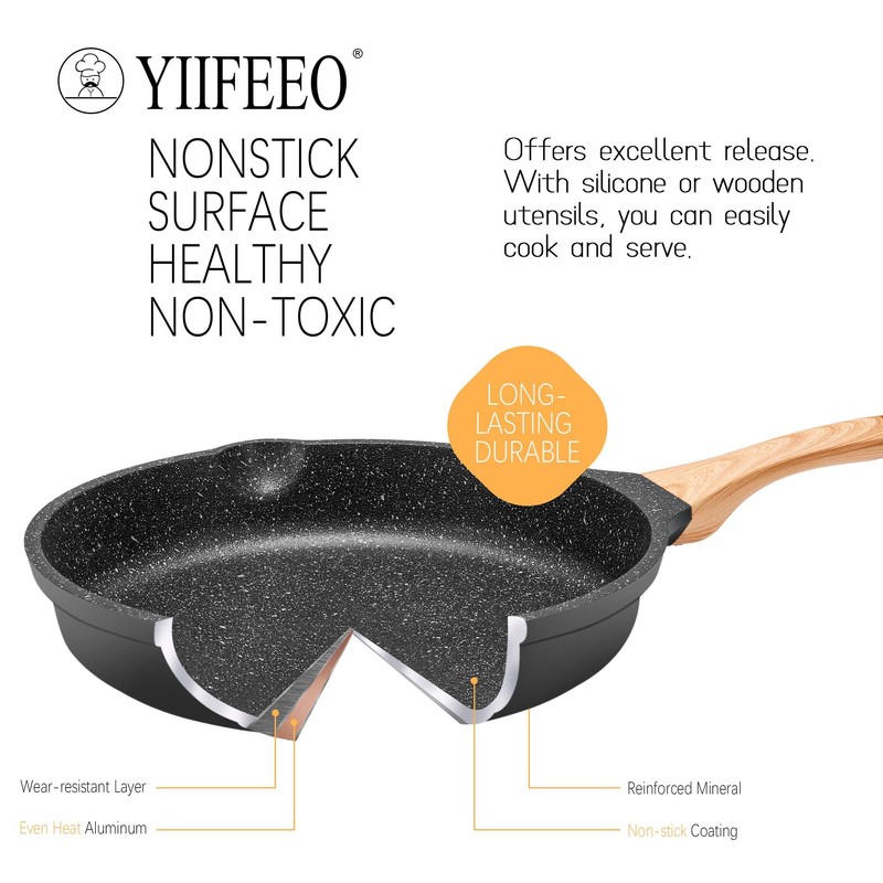 YIIFEEO Non Stick Frying Pan Set with Lids, Granite Skillet