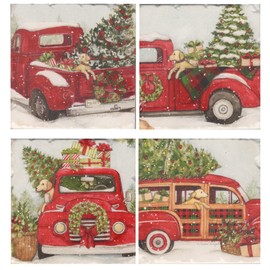 Hobby Lobby Ceramic Christmas Coasters 4-Pack, Red Truck, Puppy & Tree, Festive Holiday Decor