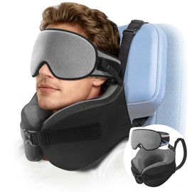 YFONG Travel Pillow for Long Flight Airplanes, Head Strap Combo with 3D Contoured Eye Mask for Sleep, Neck Pillow for Car Trip Essential, 360° Support Memory Foam Headrest, Prevent Head Bobbing, Grey
