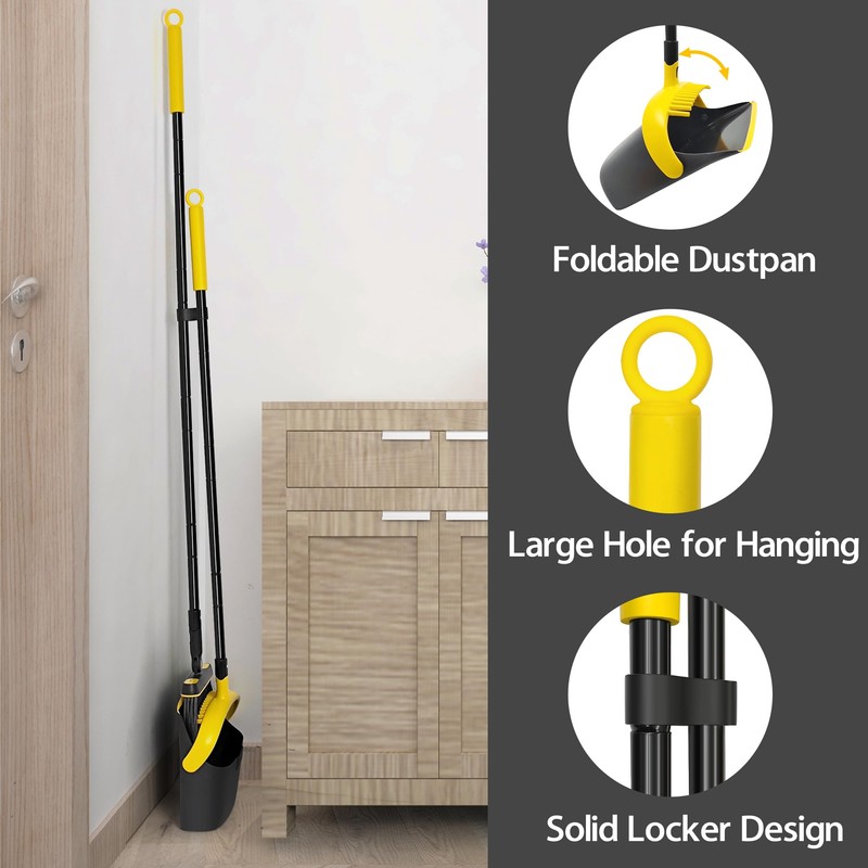 JEHONN Broom and Dust Pan, 54.3 inches Long Handle Swivel