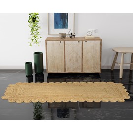 GRUHUM Scalloped Jute Runner Rug 2'6"x6'ft Natural Fibre Boho Reversible Handwoven Soft Rustic Vintage Farmhouse Jute Area Rug Indoor Outdoor Livingroom Kitchen Hallways Enterways Rectangular Rug