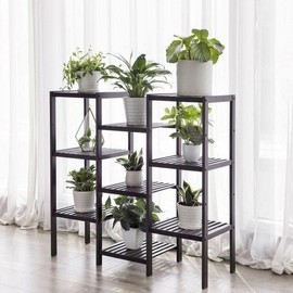TINKLE WELL Bamboo Plant Stand Shelf, Planter Shelves Flower Pot Organizer, Adjustable 9-Tier Storage Holder Display Rack for Indoor Outdoor, Brown