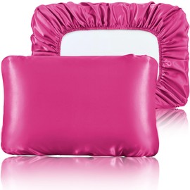 SiinvdaBZX Hot Pink Satin Pillowcase Standard/Queen Size Set of 2, Silky Travel Elastic Band Satin Pillow Case for Hair and Skin, Soft Portable & Fit for Various Pillow