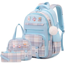 FIXITOK 3PCS Girls Backpack, School Backpack for Girls with Lunch Box, Pencil Case, Cute Kawaii Plaid Book Bag for Girls Kindergarten Elementary Preschool Middle High School