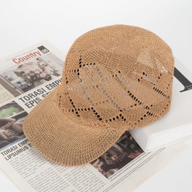 Meyaus Unisex Adults Rhombus Pattern Paper Blend Fabric Woven Visor Sunhat Summer Sun Hat Baseball Cap Camel