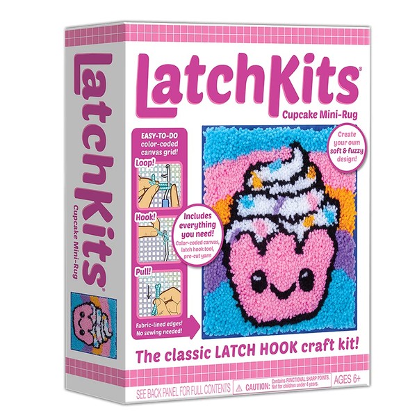 LatchKits Latch Hook Kit for Wall Hangings & Mini-Rugs - Cupcake - Craft Kit with Easy, Color-Coded Canvas, Pre-Cut Yarn & Latch Hook Tool - Perfect DIY Craft for Kids - Ages 6+