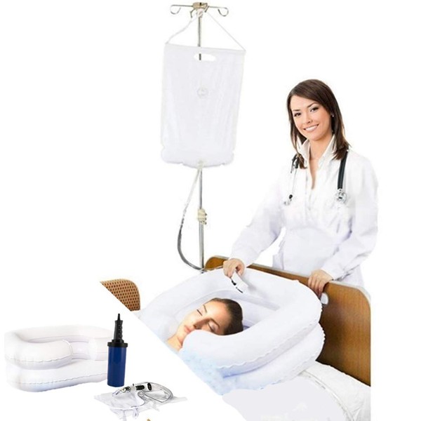 Inflatable Shampoo Basin Set - Portable Bedside Shower System Hair Washing for Disabled Elderly Bed Easy, Bedridden, Pregnancy or Post-Surgical Patient(4 Items Include)