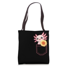 Pocket Axolotl With Sunflower Kawaii Cute Axolotl In Pocket Tote Bag