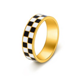 Fuqimanman2020 6mm Checkerboard Bands Finger Rings Titanium Steel Gold Plated Black White Statement Rings for Women-7