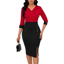 Women's Vintage 3/4 Sleeve V Neck Midi Colorblock Business Formal Work Bodycon Pencil Dresses
