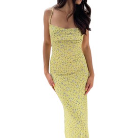 NUFIWI Women Floral Printed Spaghetti Strap Maxi Dress Y2K Low Cut Backless Long Dress Summer Streetwear Party Club(Backless Yellow,Medium)
