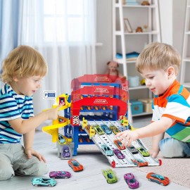 VATOS Sliding Track Truck Car Toy, Parking Toy Storage Track Car Toy with 10 Car