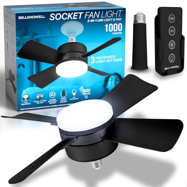 Bell+Howell Socket Fan Light Deluxe, Small Ceiling Fan with LED