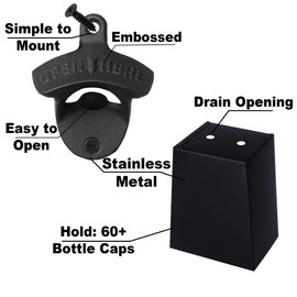 Jumiok Black Bottle Opener Wall Mounted Beer Top Opener with Cap Catcher Drained Holes