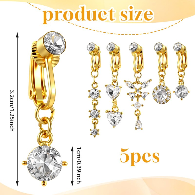 Josojoou 5PCS Fake Belly Button Piercing with Contains Zircon, Gold