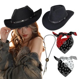 Pack of 4 Western Cowboy Hat with Bandana and Western Cowboy Pendant, Headpiece for Fancy Dress, Western Cowgirl Hats for Fancy Dress, Costume, Carnival, Theme Party, Cosplay Party Dress Up (Black)