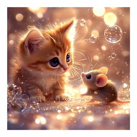 FHBUBPUP Cat Diamond Painting Kits for Adults, Cat and Mouse Diamond Art Kit, Beginners DIY 5D Round Full Diamond Dots Painting Art, Craft Gift Suitable for Home Wall Decoration 30x30cm
