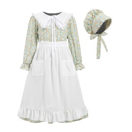 FORTMAC Prairie Dress Girls Pioneer Colonial Costume Floral 1800s Pilgrim Costume with Apron and Bonnet Green 11-12Y