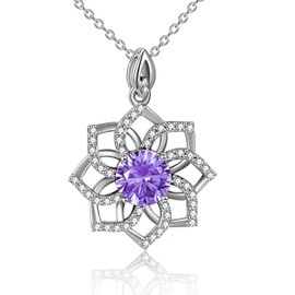 VENACOLY Lotus Necklace Birthstone Pendant Necklace Spiritual Yoga Jewellery Birthday Gifts for Women Her (02-February)