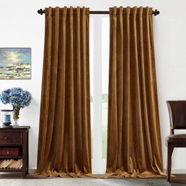 Benedeco Gold Brown Velvet Curtains for Bedroom Window with Back Tab, Super Soft Vintage Luxury Heavy Drapes, Room Darkening Thermal Insulated Curtain for Living Room, W52 by L96 inches, 2 Panels