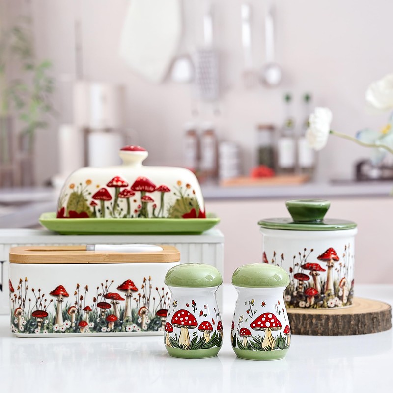 Fungi Fun Ceramic Mushroom Salt and Pepper Shakers Set, Cute