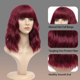 Red Wigs for Women Wavy Bob Wig with Bangs Short Curly Synthetic Hair Wigs Natural Looking Daily Hair Replacement Wigs for Cosplay Costume Party Use