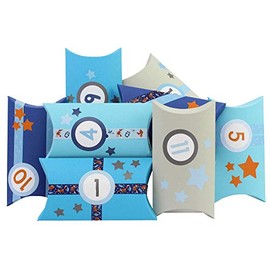 Papierdrachen 24 Advent Calendar Pillow Boxes - with Blue Forest Animal Washi Tape and Colourful Number Stickers - 24 Cushion Boxes - for Individual Filling and Designing