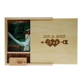 LXSINO 64GB Wood USB 3.0 Flash Drive with Laser Engraved Mr & Mrs Design – 64GB USB Stick with Box for Wedding Photography/Anniversary (Maple, fits 4x6 Photo)