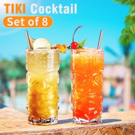 INFTYLE Clear Tiki Glasses Set of 8-14 oz Modern Bar Tiki Cocktail Glasses Perfect for Exotic Cocktails,Mai Tai, Hawaiian Style Cocktails, Tropical Island Drinksware Set
