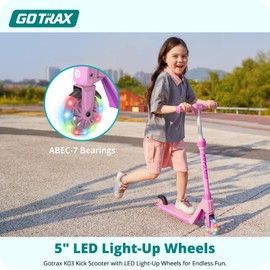Gotrax K03 Kick Scooter for Kids, 5" LED Lighted Wheels and Adjustable Handlebars, Lightweight Design and Anti-Slip Deck, Max Load 110 Lbs, Kids Scooter for Boys & Girls Ages 3+, Pink