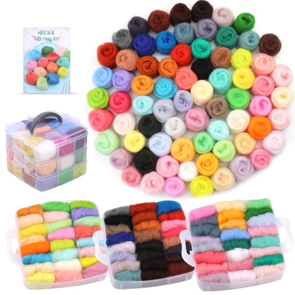 Wamkon Needle Felting Set, 72 Colours Wool Roving Yarn Natural