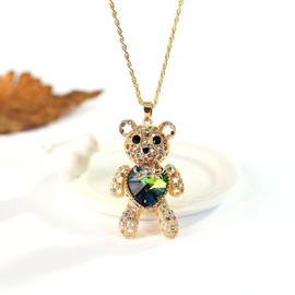 AOCHEE Teddy Bear Necklace Love Heart Crystal Pendant Jewelry for Daughter Girlfriend Princess (Green)
