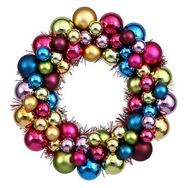 Vickerman 12" Multi-Colored Shiny and Matte Ball Christmas Wreath with Ornaments - Seasonal Holiday Decoration - Vibrant Christmas Decoration - Wire Frame